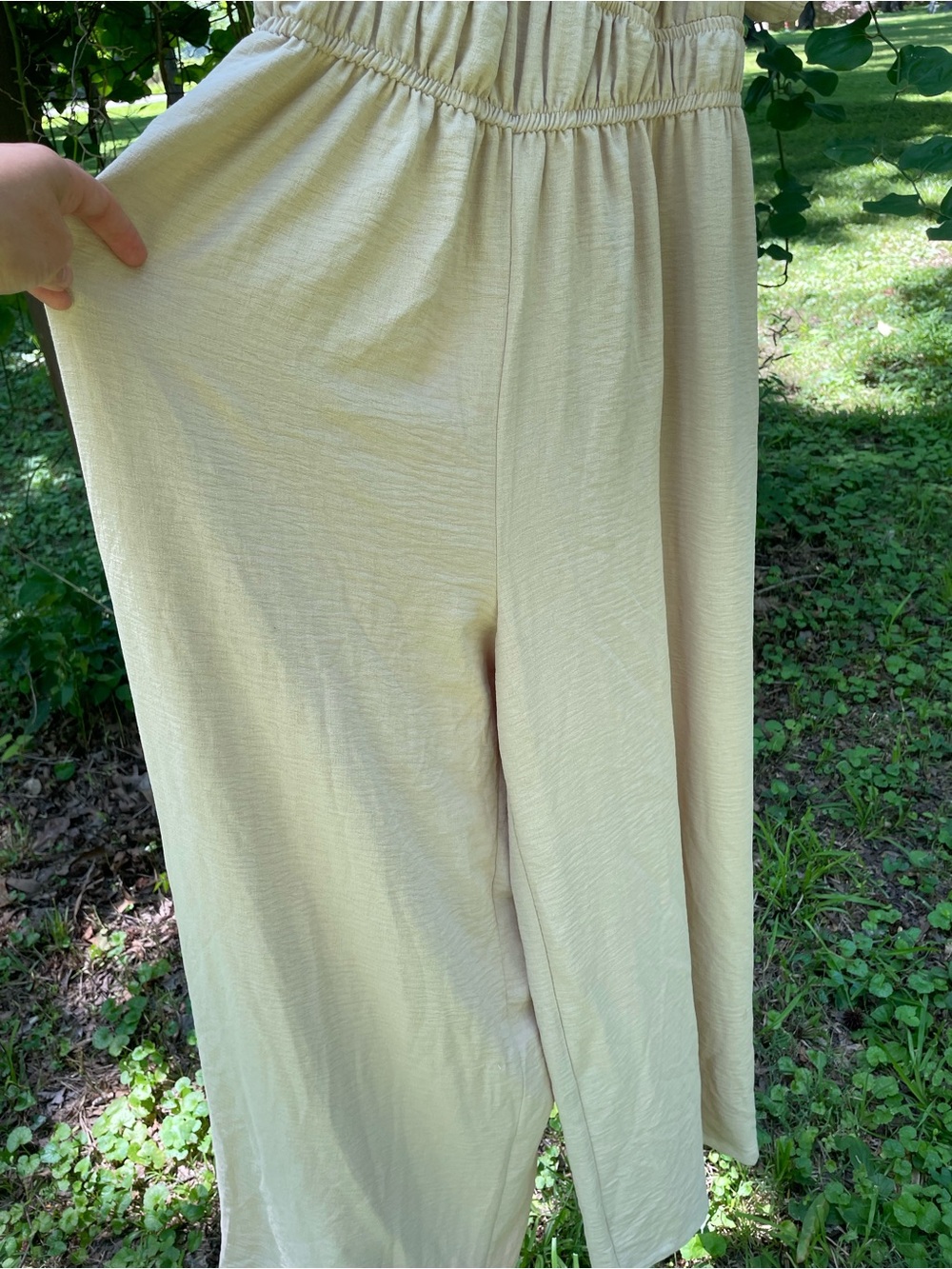 Free For All XL Beige Puff Sleeve Smocked Wide Leg Jumpsuit Cottagecore Boho - Picture 3 of 5